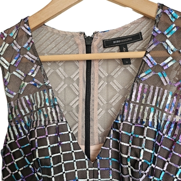 Bcbgmaxazria multicolor metallic engendering embroidery vneck pleated bodem xxs - Picture 6 of 9